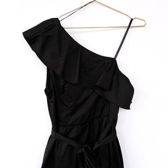 NWOT Adrianna Papell Black One Shoulder Tie Waist Ruffle High Low Hem Midi Dress - Picture 4 of 10